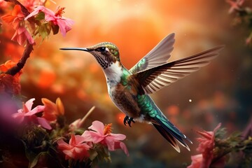 Enchanting Spring Flight: A Delightfully Beautiful Hummingbird Amid Blossoming Plants