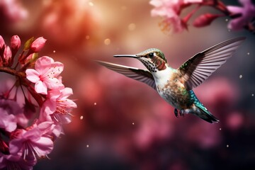 Enchanting Spring Flight: A Delightfully Beautiful Hummingbird Amid Blossoming Plants