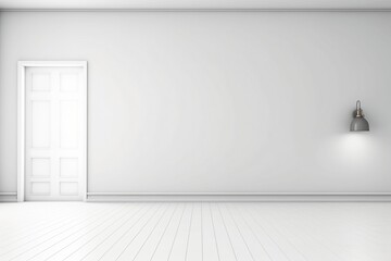 Clean White Wall in a Bright Room with Door and Floor Lamp: Interior Background for Presentation