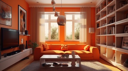 Stylish sofa with table in living room, orange shades
