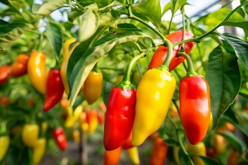 Close-Up of Fresh Juicy Red and Yellow Sweet Peppers Growing in a Greenhouse: Abundant Agriculture Harvest