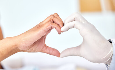 Healthcare, cardiology or heart hands with a doctor and patient closeup in a hospital for love or...