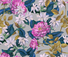 Seamless floral pattern with rose and jasmine drawn in watercolor in vintage botanical style