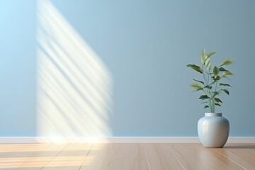 "Presentation Background: Light Blue Wall, Plant Vase, and Wooden Floor with Unique Lighting Effects