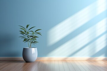 "Presentation Background: Light Blue Wall, Plant Vase, and Wooden Floor with Unique Lighting Effects