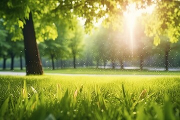 Refreshing Summer Landscape: Wet Green Grass, Morning Dew, and Sunlit Foliage in a Park