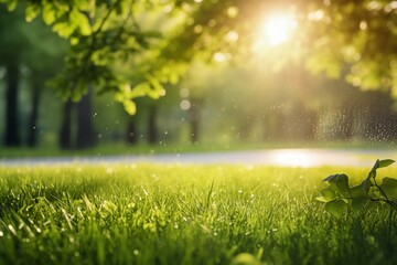 Fototapeta na wymiar Refreshing Summer Landscape: Wet Green Grass, Morning Dew, and Sunlit Foliage in a Park