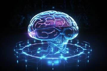 Futuristic Human Brain Wireframe Hologram in Sci-Fi Interface