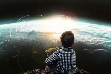 Boy, teddy bear and nuclear, war and apocalypse of violence, planet and explosion in space....