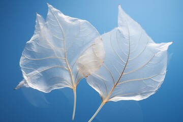 Macro View of Two Transparent Skeleton Leaves on a Wet Surface with Beautiful Natural Lighting Against a Blue Background