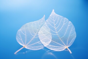 Macro View of Two Transparent Skeleton Leaves on a Wet Surface with Beautiful Natural Lighting Against a Blue Background