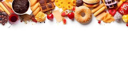 bakery sweet food background image for website , banner with speace for copy and text , isolated on white background , generative AI