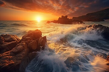 Obraz premium Gorgeous Mediterranean Sunset: Waves Crashing on Coastal Rocks in Natural Seascape