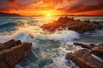 Fototapeta premium Gorgeous Mediterranean Sunset: Waves Crashing on Coastal Rocks in Natural Seascape
