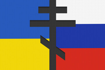 War, Ukraine and Russia with conflict, flag and peace with Russian orthodox cross overlay. Abstract, freedom and country in support for hope of assistance with crisis, power or politics for future