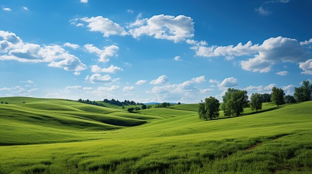 Landscape view of green grass on slope with blue sky and clouds background
