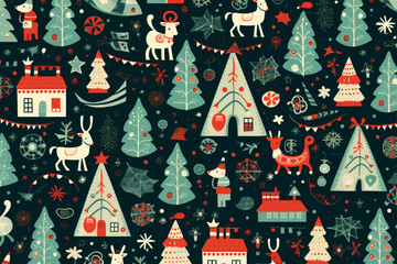 Seamless pattern with Christmas trees and snowflakes. Vector illustration.