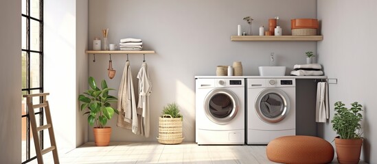 Laundry room interior with washing machine - obrazy, fototapety, plakaty