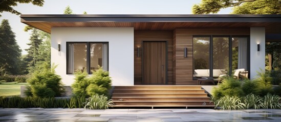 Modern comfortable house with porch stylish door paved yard and shutters With copyspace for text - obrazy, fototapety, plakaty