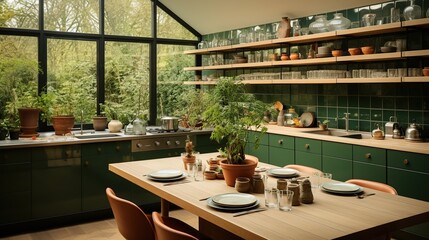 Minimalistic modern kitchen, wood white oak countertops, glossy dark green lacquered glossy cabinets - obrazy, fototapety, plakaty