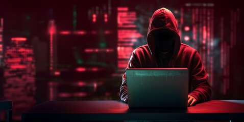 Anonymous hacker with computer. Concept of cybercrime, cyberattack, dark web. - obrazy, fototapety, plakaty