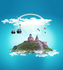 concept of georgia Travel,tbilisi,3D render of a floating island with cloud and rainbow