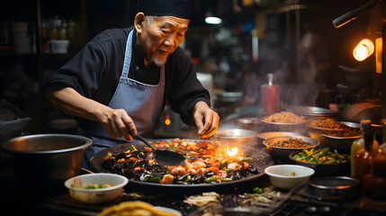 Asian male chef cooking food in a small restaurant in downtown area.