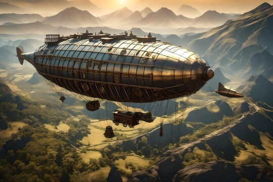 Steampunk airship flying over a mechanical environment.