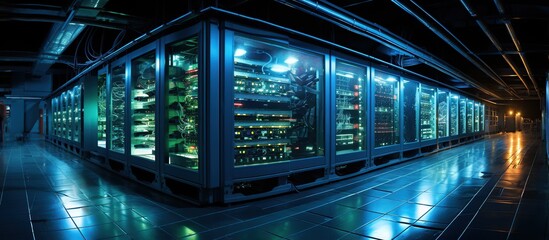 Network background, panorama, switch and cable in data center - obrazy, fototapety, plakaty