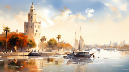 Fototapeta premium Illustration of beautiful view of the city of Sevilla, Spain