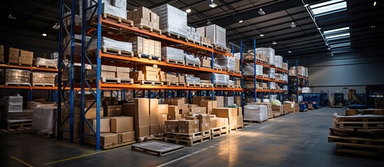 Retail warehouse full of shelves with goods in cartons, with pallets and forklifts.