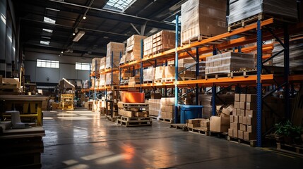 Retail warehouse full of shelves with goods in cartons, with pallets and forklifts.