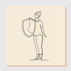 Continuous line drawing art of business woman holding shield protection security. Vector illustration single one line of finance defense guard and health care.