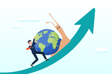 Businessman pushing slow snail with the earth on GDP growing arrow metaphor of world economy, global economic slowdown, world GDP growth decline or sluggish, recession or growth slowing down (Vector)