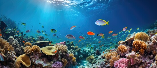 wild marine life in the Red Sea including fish and coral With copyspace for text