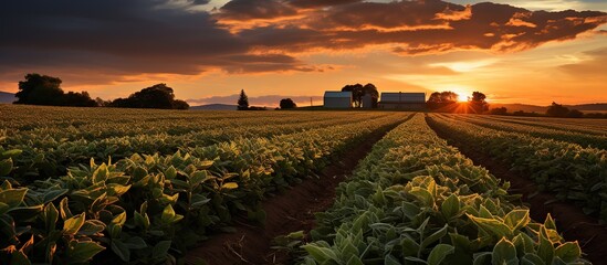 Sunset over growing soybean plants at ranch field - obrazy, fototapety, plakaty