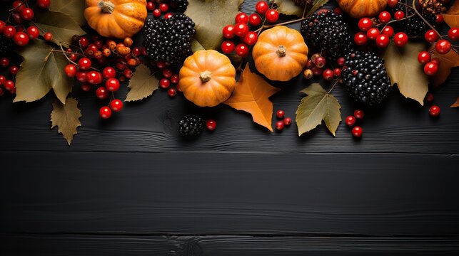 Thanksgiving background decoration from dry leaves,red berries and pumpkin on blackboard background