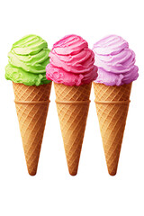 an Ice cream cones with different flavors isolated on a transparent white background
