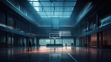A cinematic and realistic high-ceiling basketball court