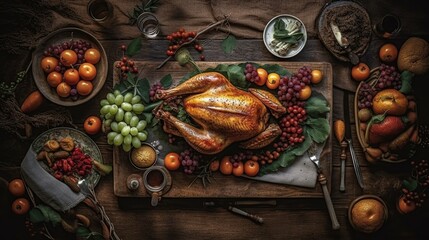 Traditional Thanksgiving turkey dinner. Top view table scene on a dark wood banner background