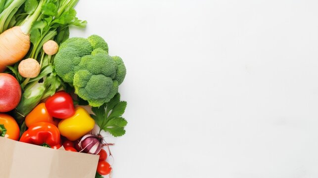 A background highlighting the delivery of healthy food, featuring a paper bag filled with a variety of fresh vegetables and fruits against a white backdrop. This image conveys the concept of shopping 