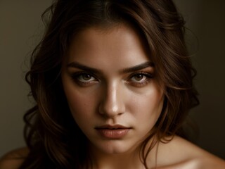Fototapeta premium Angry white adult female. A woman with an expressionless face. brown long hair