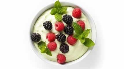 In the center of a white background, there's a green bowl filled with Greek yogurt and an assortment of fresh berries. The view is from the top, creating an appealing composition of healthy