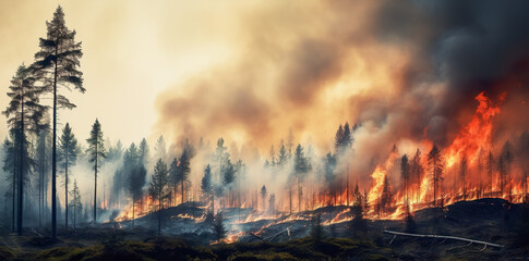 Wildfires or forest fire burning with a lot of smoke. Forest fire in progress. Fire. Large flames. 