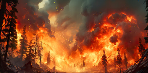 Naklejka premium Wildfires or forest fire burning with a lot of smoke. Forest fire in progress. Fire. Large flames. 