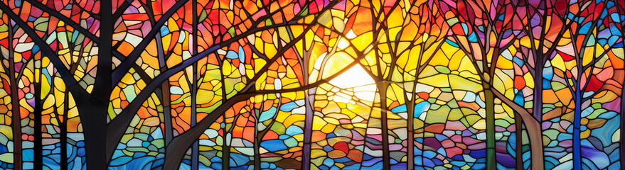 Spectacular autumn season abstract pattern in mosaic glass background features with orange forest landscape and sky.