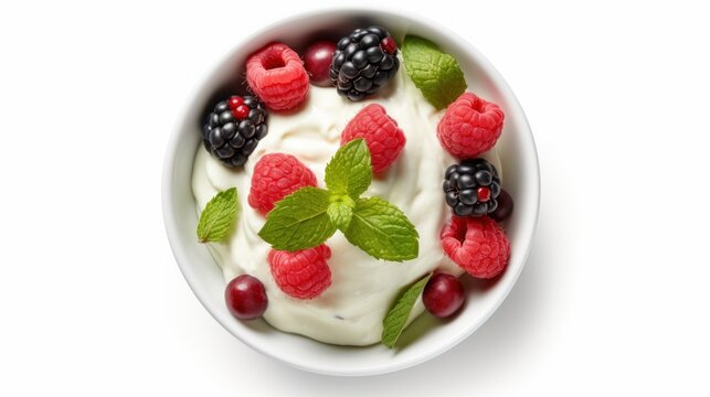 In the center of a white background, there's a green bowl filled with Greek yogurt and an assortment of fresh berries. The view is from the top, creating an appealing composition of healthy