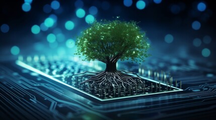 In this visual representation, a tree appears to be emerging from the convergence point of a computer circuit board. The backdrop features blue light