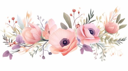 This vector design features a beautiful floral bouquet with various elements like garden pink, peach, lavender, creamy powder, pale rose, wax flower, anemone, and eucalyptus branches,