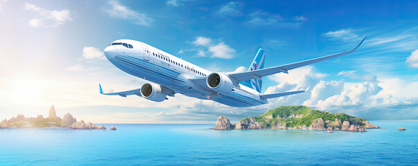 airplane flying above the ocean during sunny light.